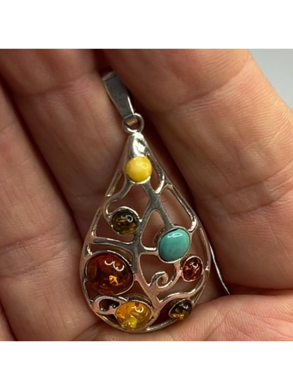 Teardrop Sterling Silver Pendant W/ Multi-Color Amber Stones & Turquoise Accent - Picture 10 of 12